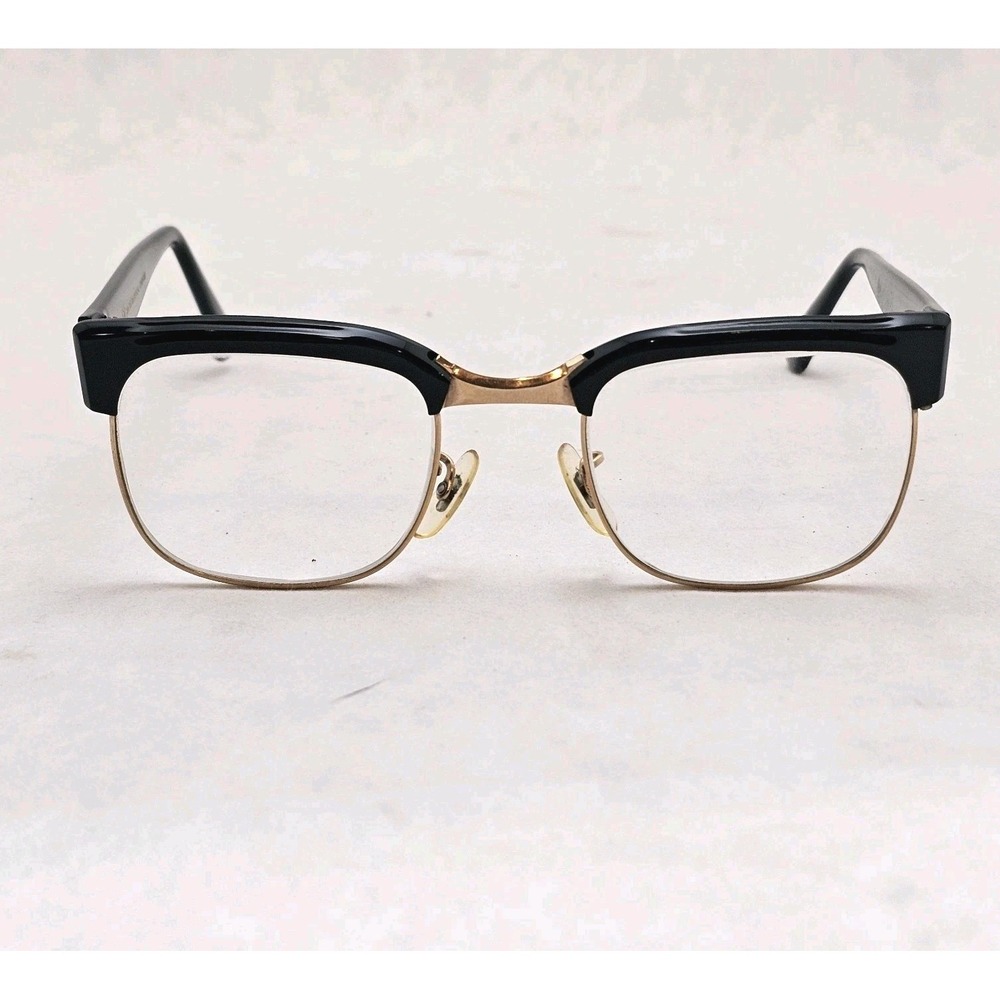 Vtg 1950s American Optical 12K Gold Filled Browline Glasses Frame Black Gold 220